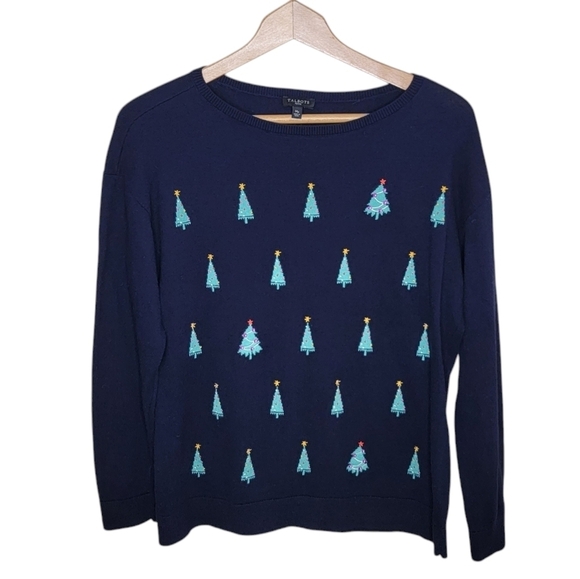 Talbots | Petite Navy Blue Green Christmas Tree Sweater Holiday Medium P… - Picture 1 of 5